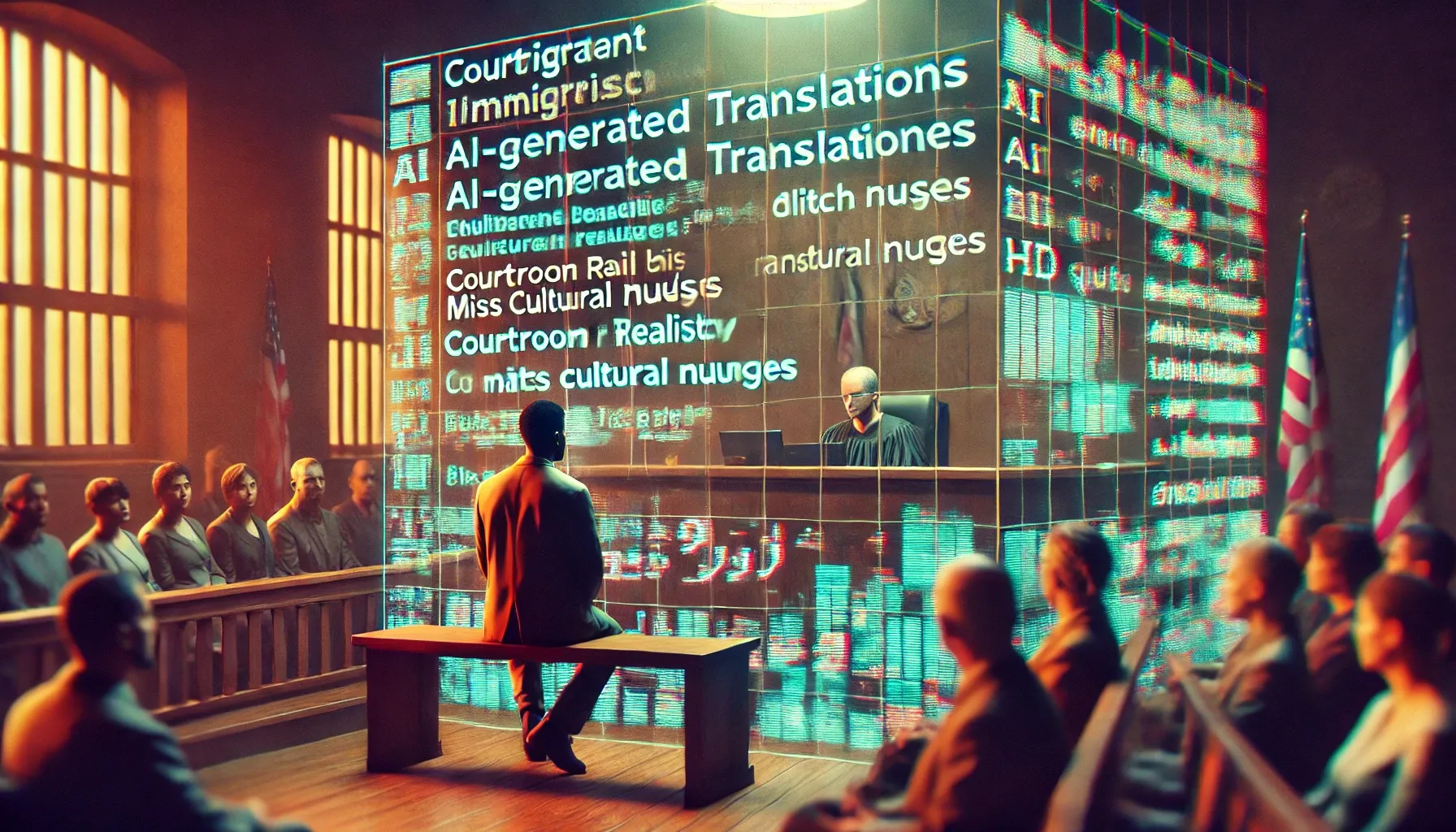 DALL·E 2024 09 16 20.45.11 A courtroom scene where an immigrant and a judge are separated by a transparent digital wall covered in AI generated translations. The translations ap