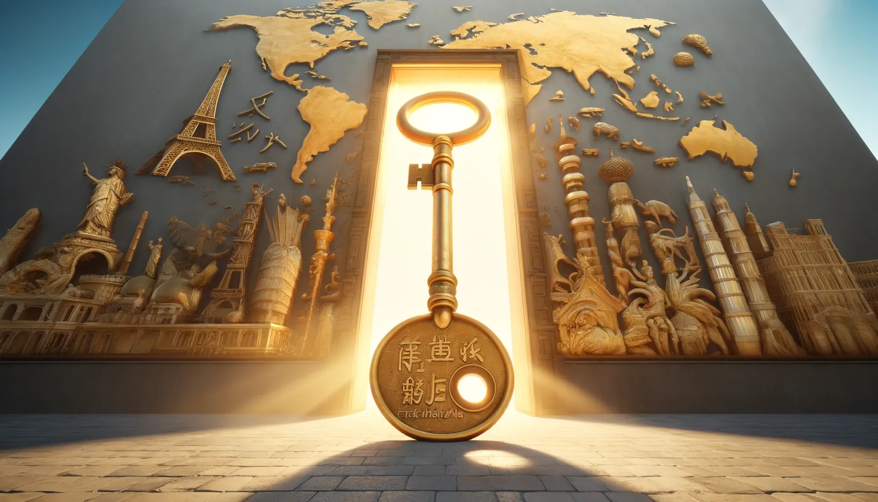 DALL·E 2024 09 16 20.46.49 A giant golden key inscribed with English phrases unlocking a massive door that leads to a glowing world map. The door is surrounded by cultural symb