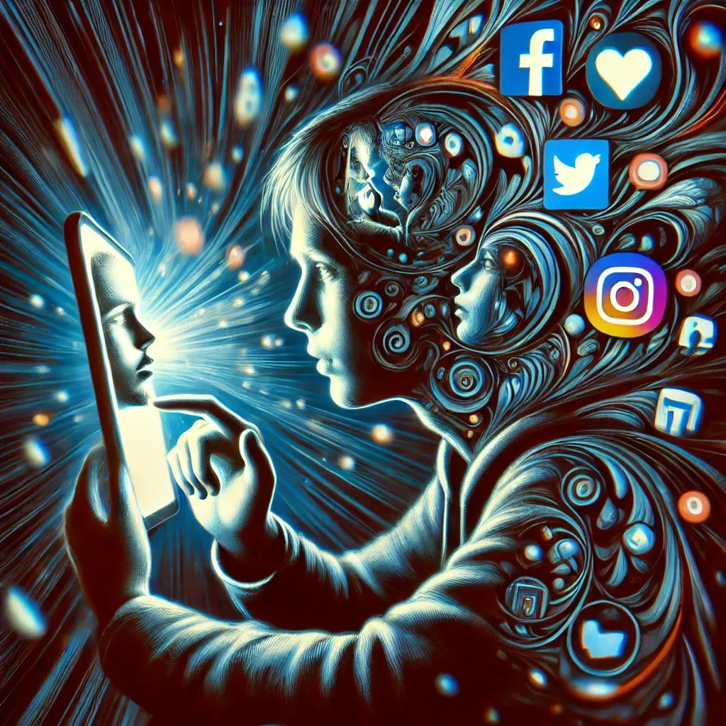 DALL·E 2024 12 22 08.58.41 A symbolic HD illustration for Social Medias Impact on Self Esteem showing a young person looking at their phone with distorted reflections of th